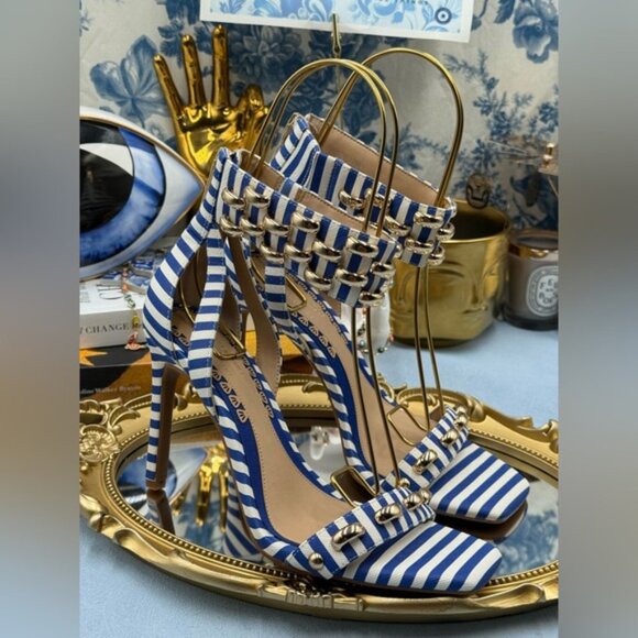 🆕 GIANNI BINI 🧿 x Shea Leigh Mills NWOB Carter Blue White Striped Sandal, Sz 7 - Picture 7 of 13